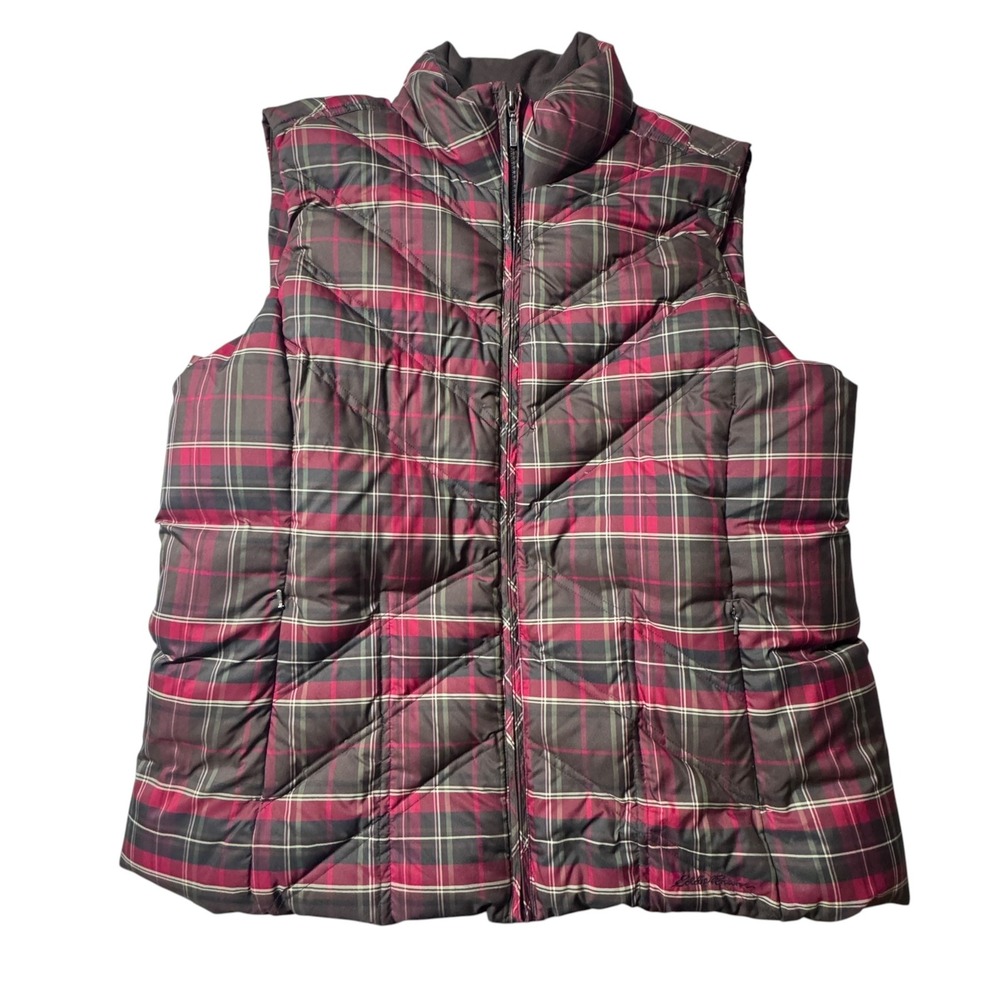Eddie Bauer Down Vest Women 2X Red Plaid Quilted Packable Gorpcore Cabincore